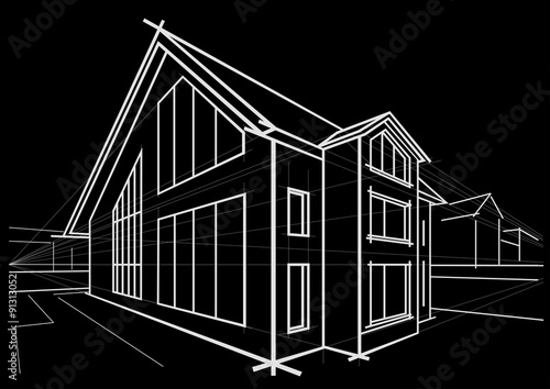 Linear architectural sketch detached house on black background