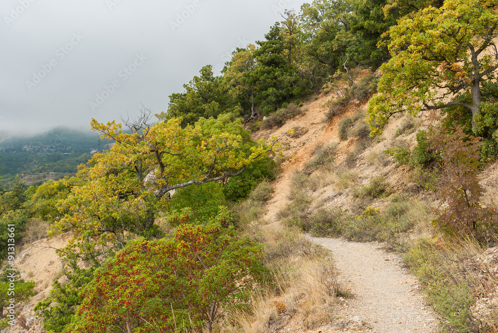 Pedestrian path in Crimean mountains at fall season Pedestrian path in Crimean mountains at fall season