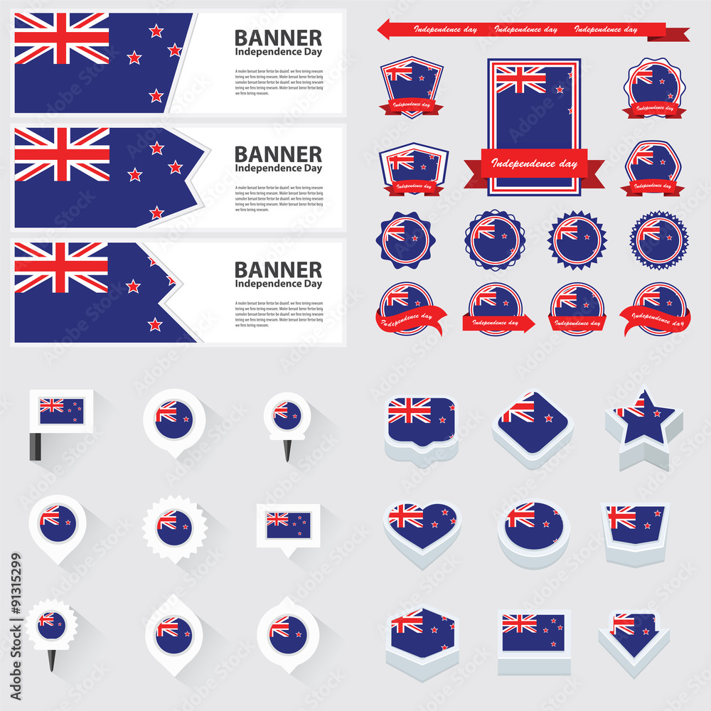 New Zealand independence day, infographic, and label Set.