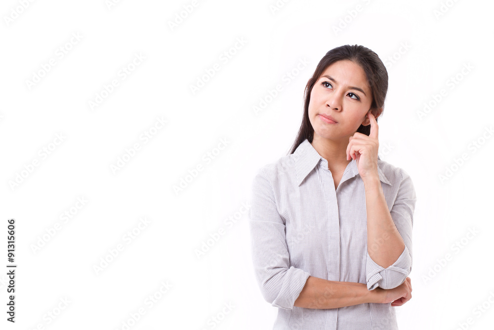 woman thinking, looking up with stressful expression woman thinking, looking up with stressful expression