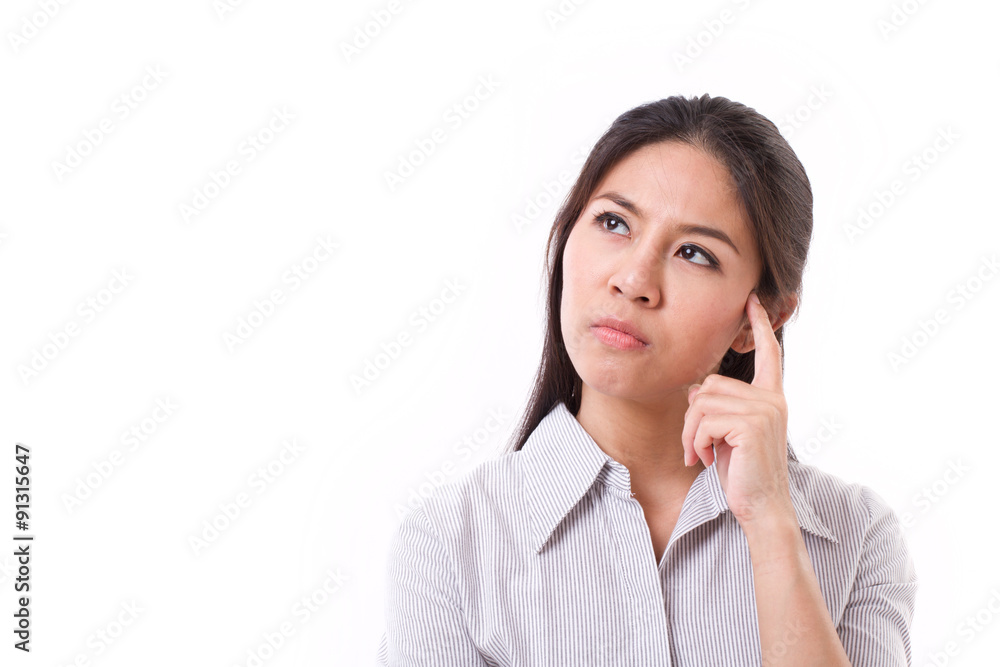 woman thinking, looking up with stressful expression woman thinking, looking up with stressful expression