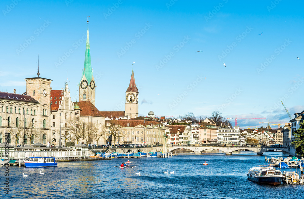 View of Zurich old town in winter.