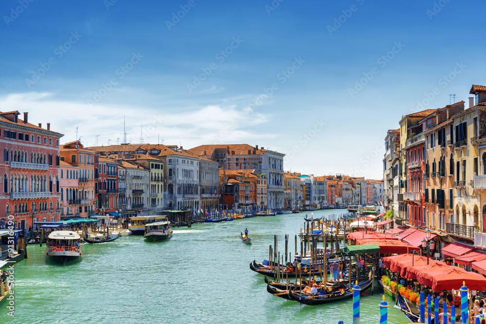 View of the Grand Canal from the Rialto Bridge in Venice, Italy