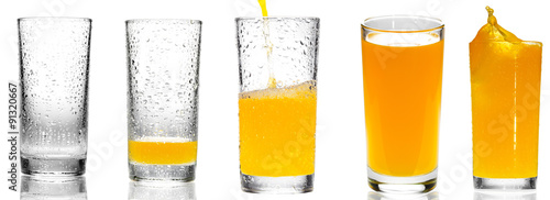 collage of orange juice in a glass on white background