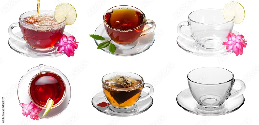 Collage of tea. Cup, spoon, saucer, green leaves. Collage of tea. Cup, spoon, saucer, green leaves.