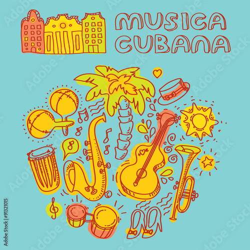 Salsa cuban music and dance illustration with musical instruments, palms, etc.