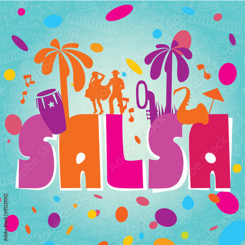 Salsa vector lettering with silhouettes of palms, musical instruments and confetti. Modern illustration, design element.