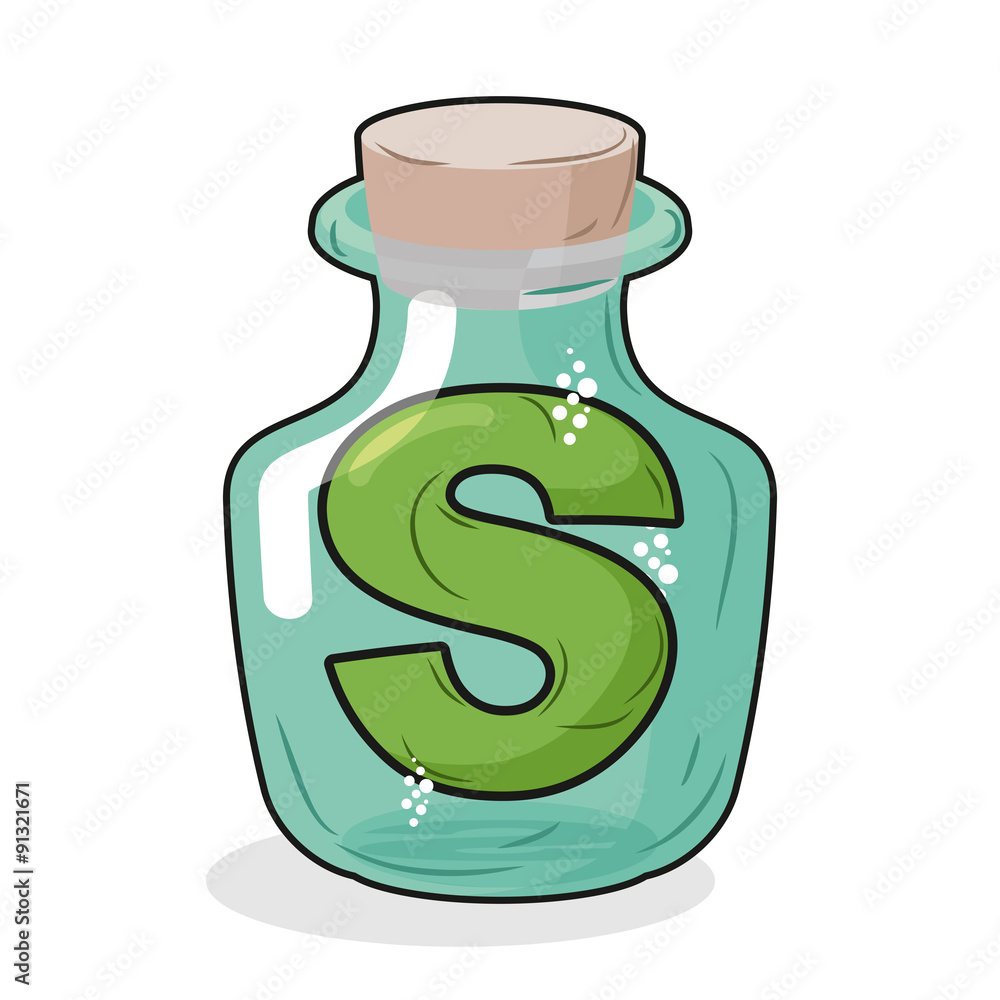 S retro laboratory flask bottle. Letter in old magic potion bott S retro laboratory flask bottle. Letter in old magic potion bott
