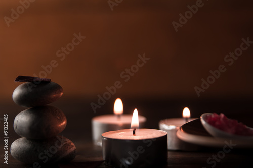 Beautiful Spa composition with aroma candles on wooden . Treatment  aromatherapy