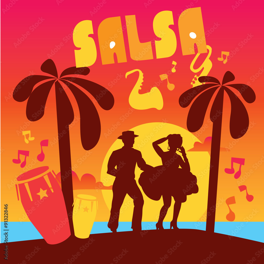 Salsa dancing poster for the party. Cuban couple dance salsa at sunset beach. Musical instruments on seaside. - obrazy, fototapety, plakaty 