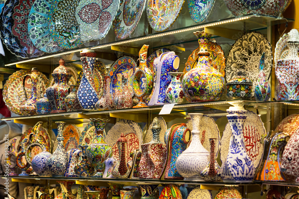 Various products of national crafts on Grand Bazar in Istanbul