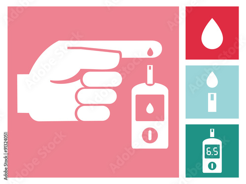Hand applying blood drop to test strip of Glucose Meter - Diabetes Icon Set