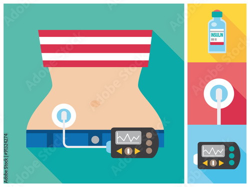 Diabetes flat icon set - Diabetic woman wearing Insulin Infusion Pump
