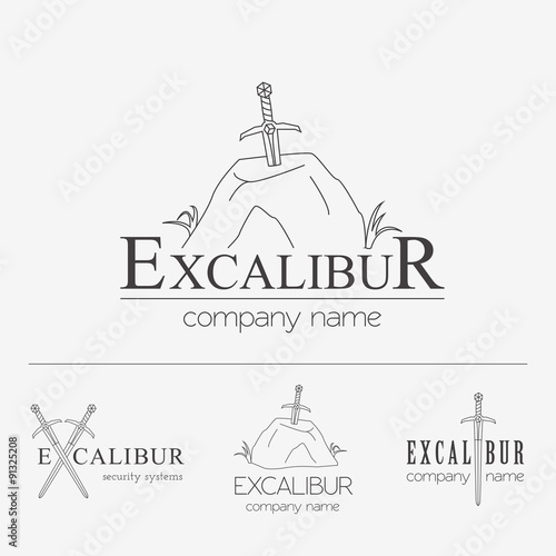Excalibur outline Insignias and Logotypes set. Vector design ele