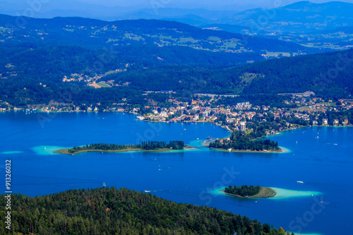 View over Snake Island (Schlangeninsel) at Wörthersee and over Pörtschach