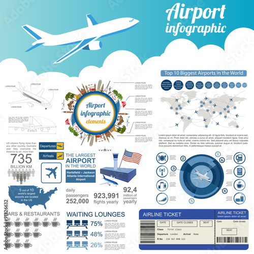 Airport, air travel infographic with design elements. Infographi