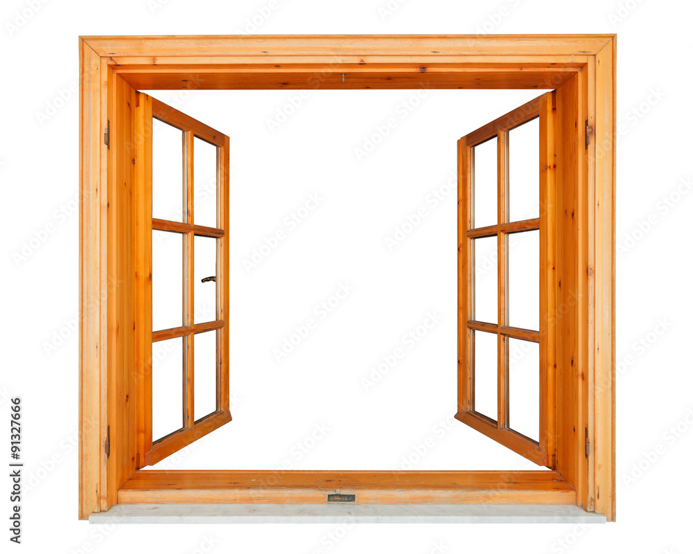 Obraz premium Wooden window opened with marble ledge isolated on white background