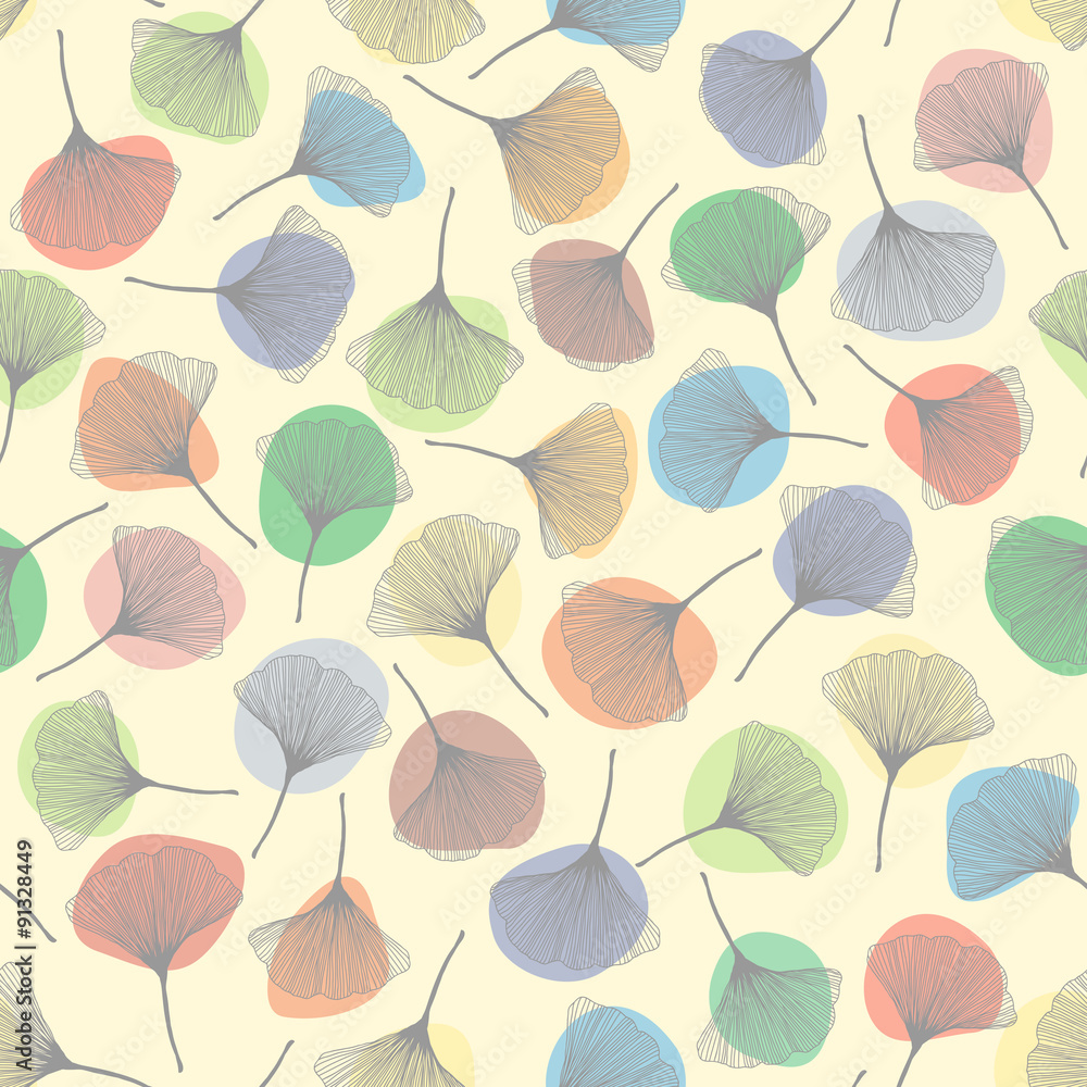 Seamless pattern with ginkgo leaves. Colorful spots. Autumn text Seamless pattern with ginkgo leaves. Colorful spots. Autumn text