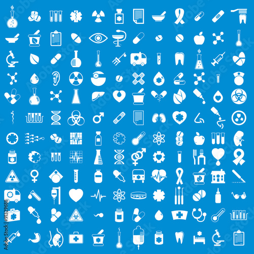 Medical icons set, vector set of 144 medical and medicine signs.