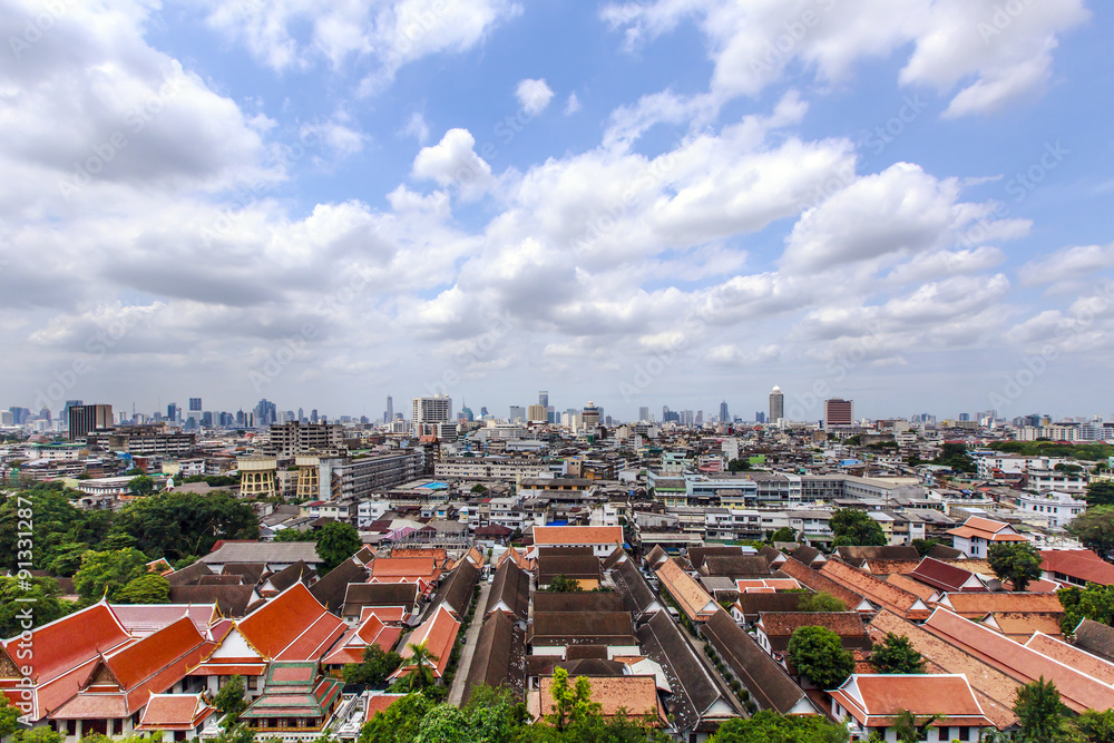 Bangkok city and temple view on Golden Mountain temple