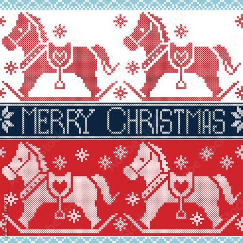 Light and dark blue , red Merry Christmas Scandinavian seamless Nordic pattern with rocking dala pony horses, stars, snowflakes in cross stitch knitting 