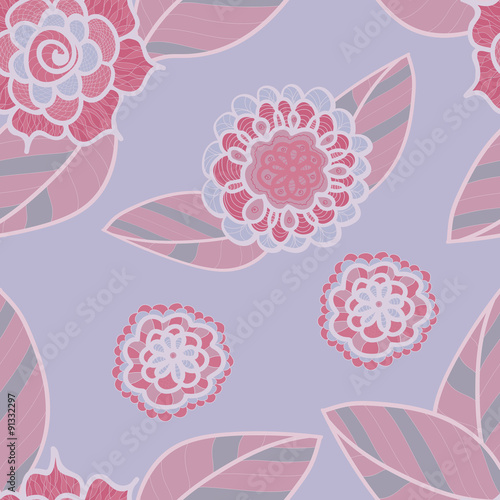 Vector soft purple seamless pattern with doodle pink flowers. Pale lilac floral background.