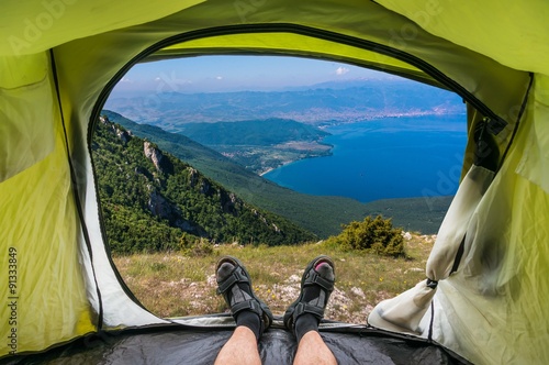 View from inside a tent on a pond in Macedonia
