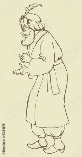 Old sage in national asian dress. Vector drawing