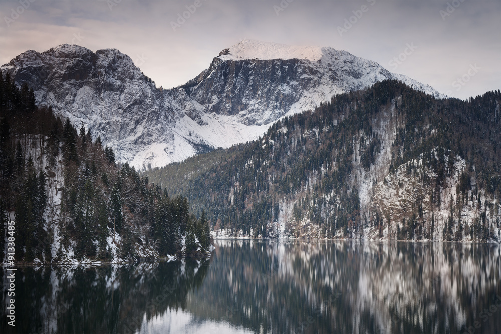 Mountain lake against the backdrop of snow-capped mountains