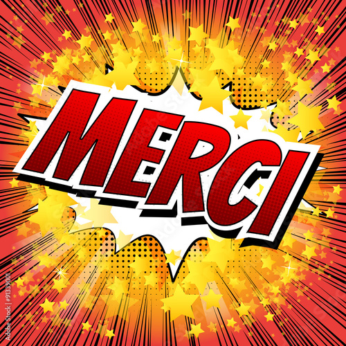 Fototapeta Merci - Comic book style word on comic book abstract background.