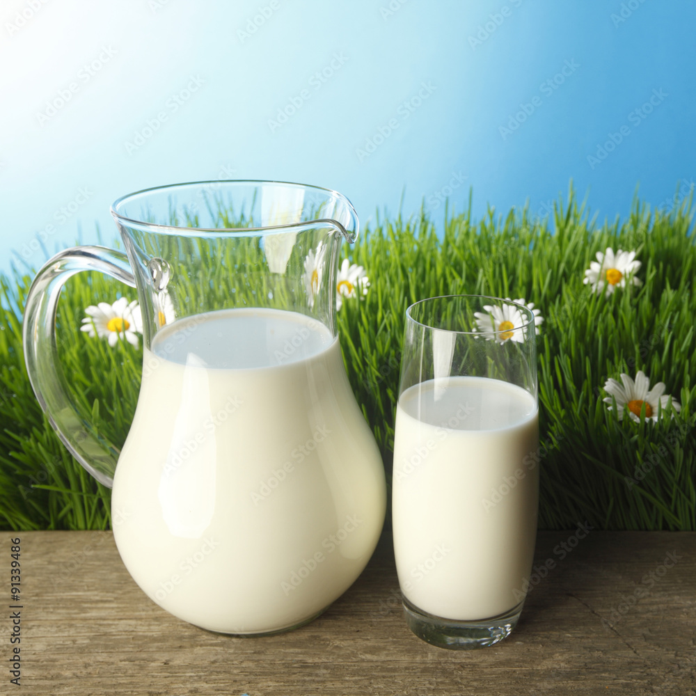 Glass of milk and jar on flower meadow Glass of milk and jar on flower meadow