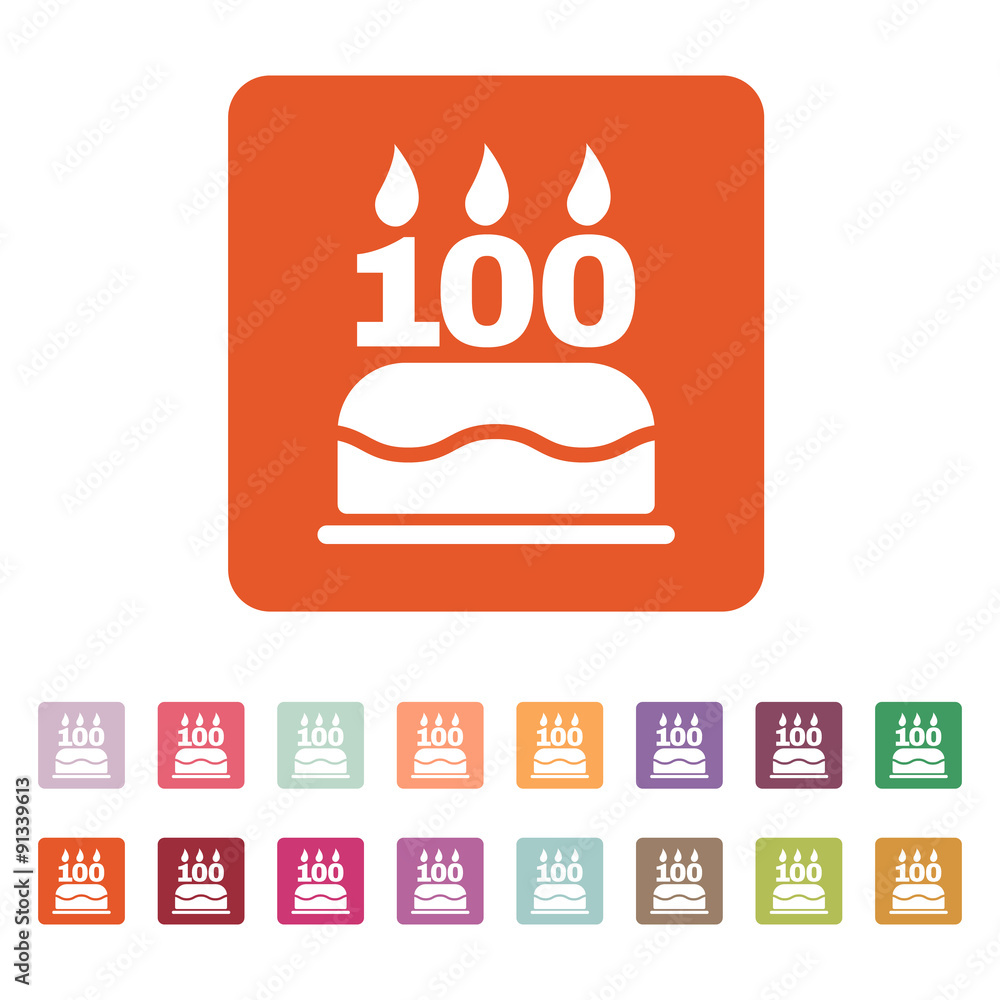 The birthday cake with candles in the form of number 100 icon. Birthday symbol. Flat The birthday cake with candles in the form of number 100 icon. Birthday symbol. Flat
