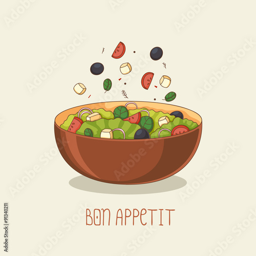 Illustration of fresh salad with tomatoes, olives, lettuce, feta