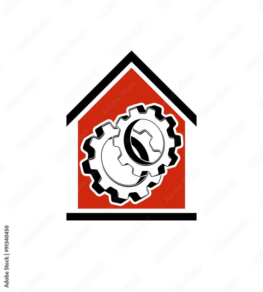 Manufactory vector conceptual symbol, house with 3d cog wheel. I Manufactory vector conceptual symbol, house with 3d cog wheel. I
