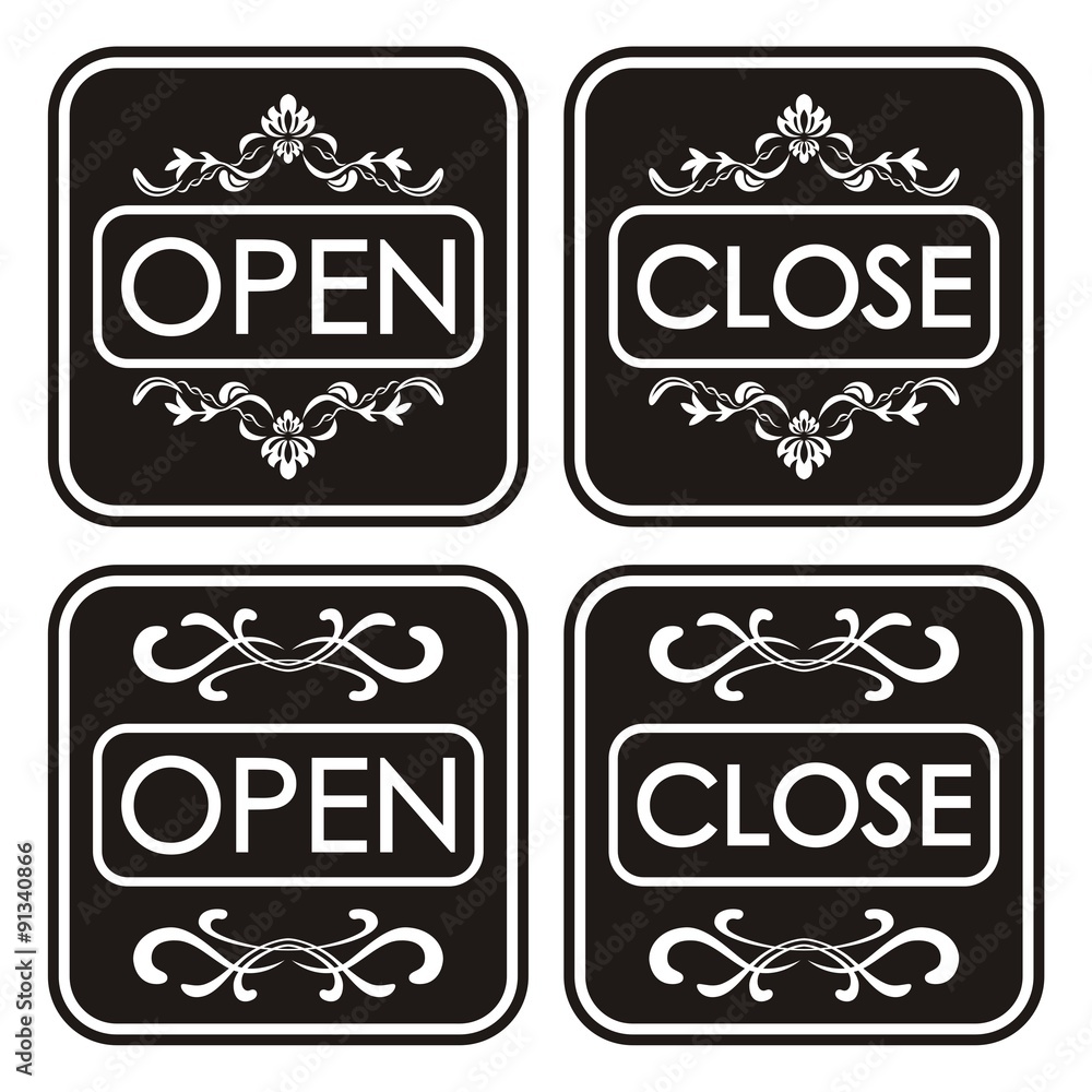Open / Close Icon. Open Closed Vector store signs on a brick wall