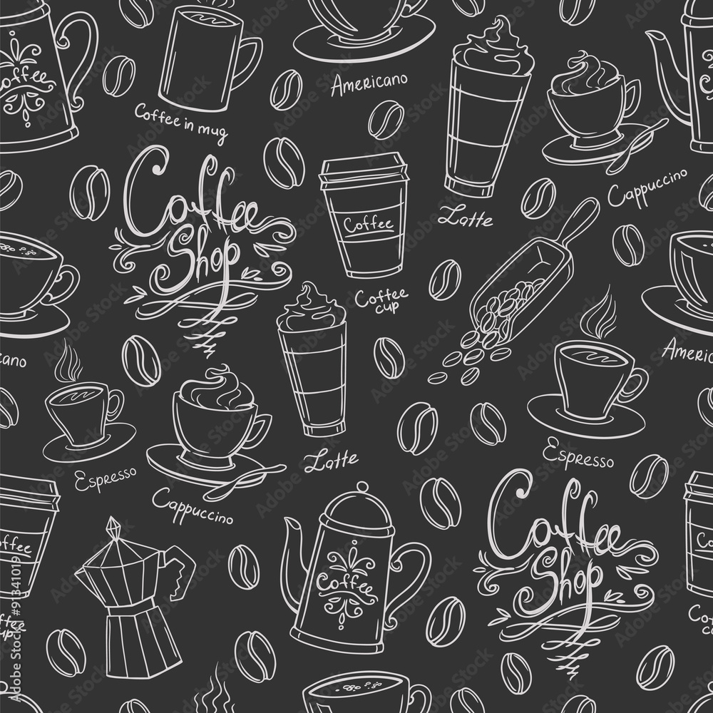 Coffee shop design seamless background. Stylized coffee pattern. Vector.

