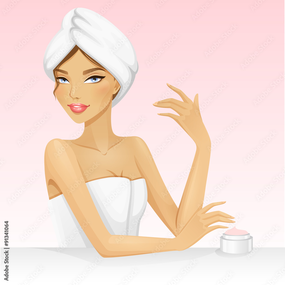 Woman with a towel on the head after shower or bath. Beautiful vector  illustration for spa or beauty. Spa girl. Stock Vector