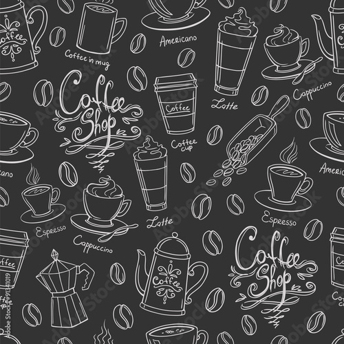 Coffee shop design seamless background. Stylized coffee pattern. Vector. 