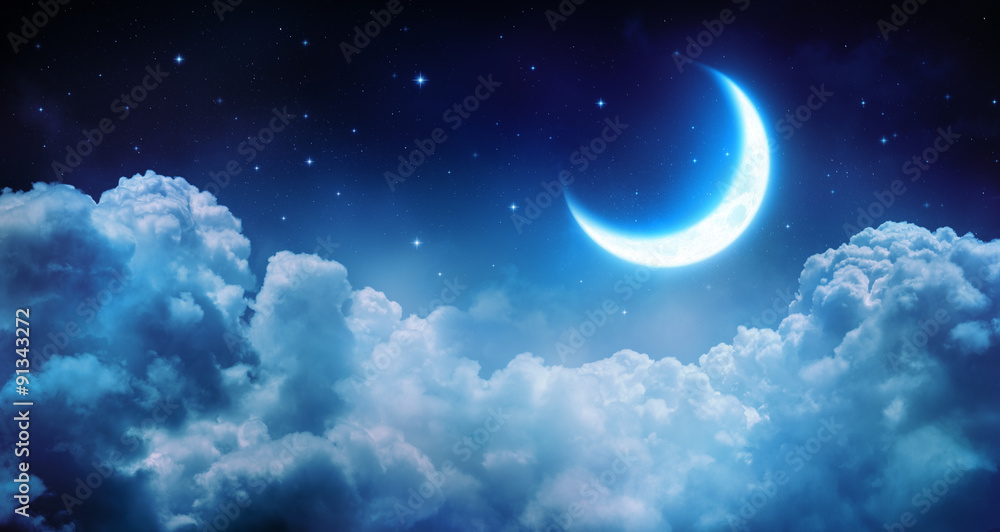 Romantic Moon In Starry Night Over Clouds
