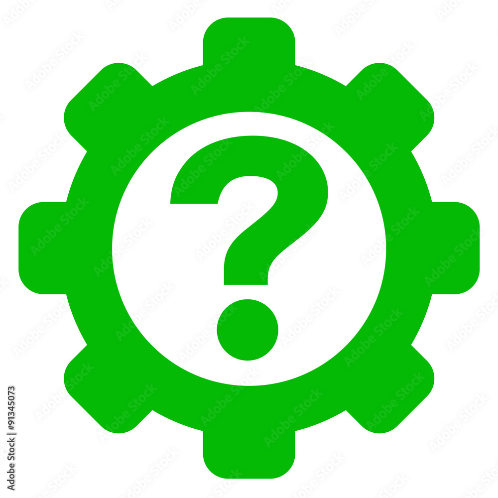 Icono plano engranaje con interrogacion verde Icono plano engranaje con interrogacion verde