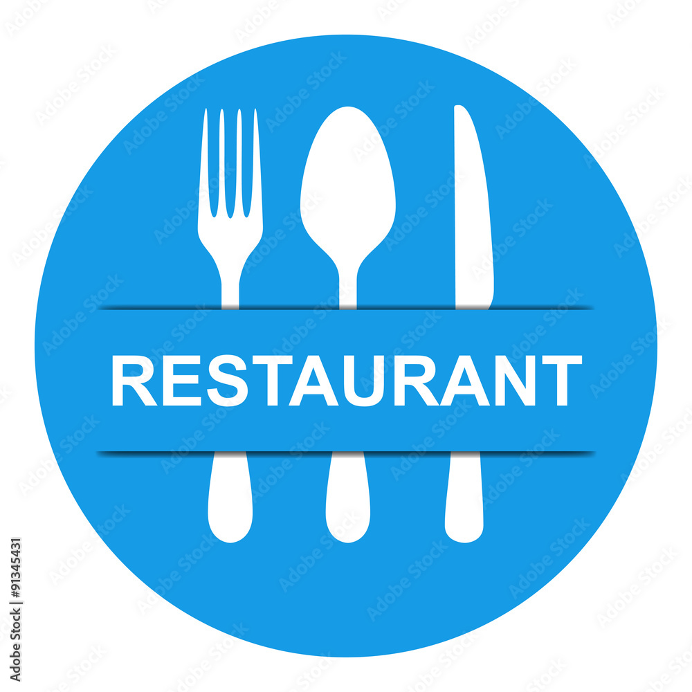 Icono plano texto RESTAURANT redondo azul con sombra Icono plano texto RESTAURANT redondo azul con sombra