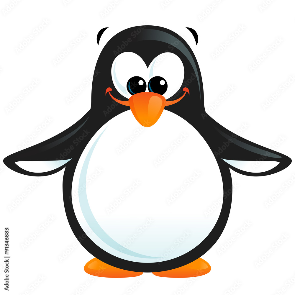 Fototapeta premium Szczęśliwy kreskówka uśmiechający się czarno-biały pingwin z pomarańczowym dziobem