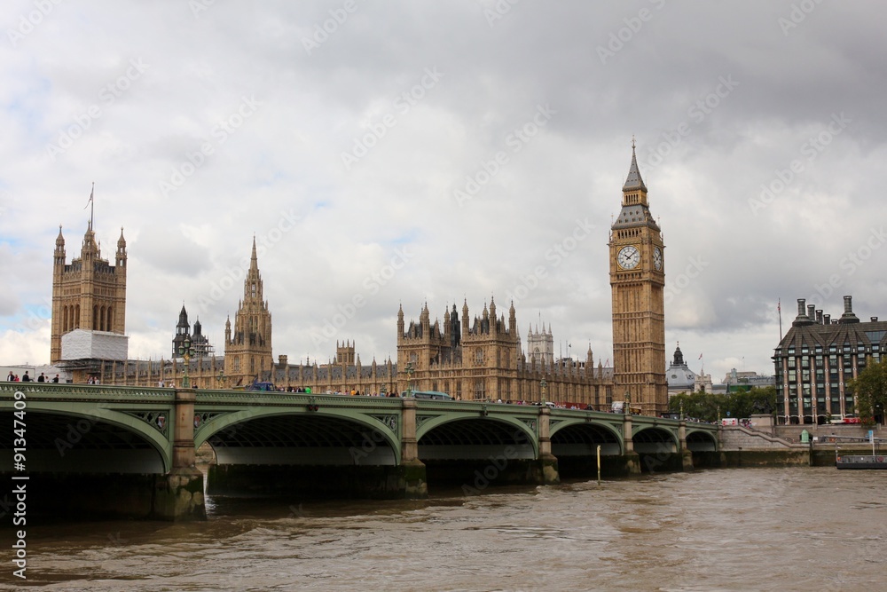 View of London, England, Westminster Bridge, Palace and Big Ben