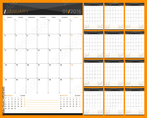 Monthly Calendar Planner for 2016 Year. Set of 12 Months. Week Starts Monday. Vector Design Print Template.