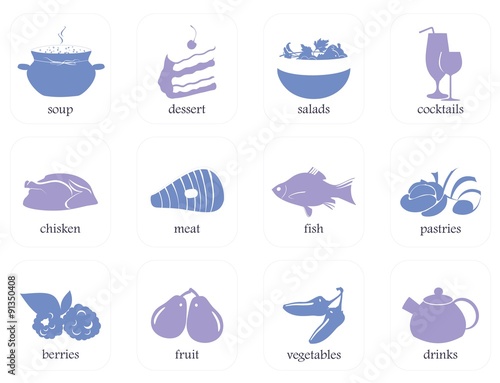 Cooking icons and labels. Icons for recipe books include logos desserts, salads, pastries, fish, meat, chicken, drinks, vegetables, soup, fruits and berries, cocktails.