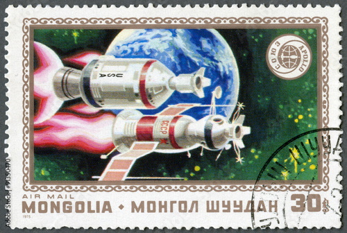 MONGOLIA - 1975: shows Apollo, Soyuz and Earth photo