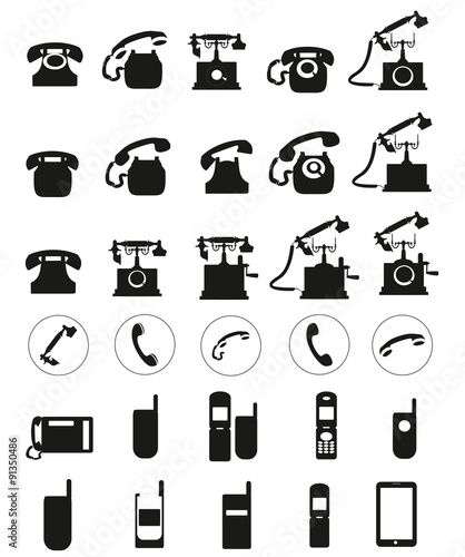 Different Vector black telephone icons set on white background.
