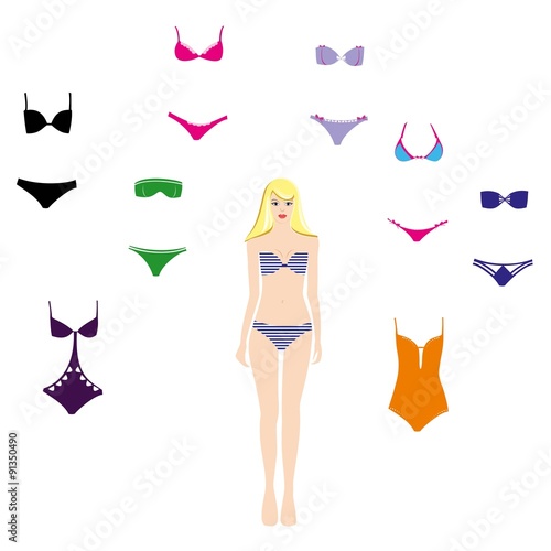 Dress up paper doll. Body template, outfit swimsuit collection. Summer collection.