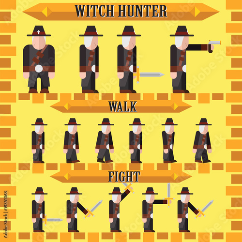 flat halloween game character for design witch hunter