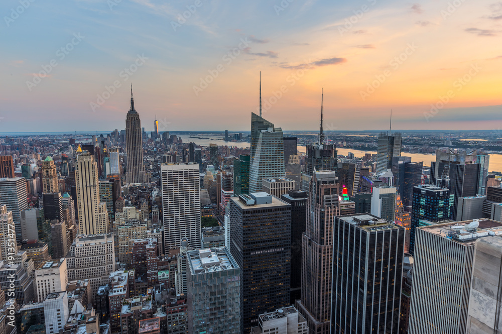 New York City midtown skyline at sunset